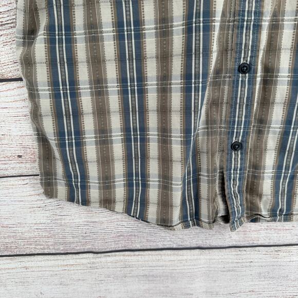 REI Button Down Vented Organic Cotton Shirt Mens Large Blue Beige Striped - Picture 3 of 8